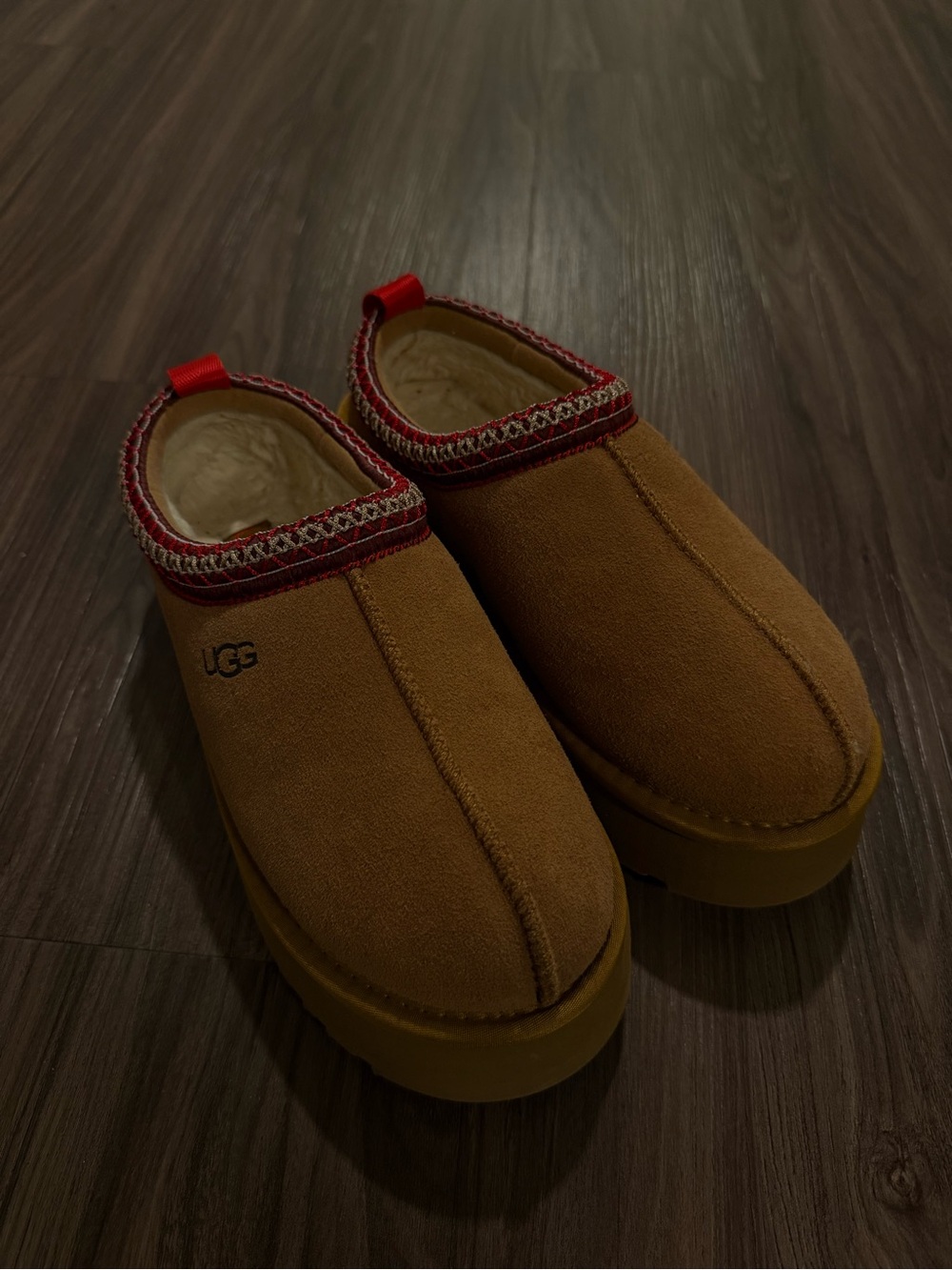 UGG Men's Chestnut Suede Slip-On Loafers with Red Trim